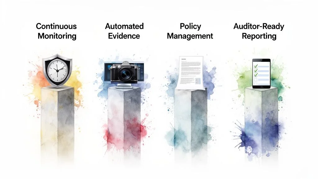 Four pedestals representing automated compliance processes: continuous monitoring, evidence, policy, and reporting.