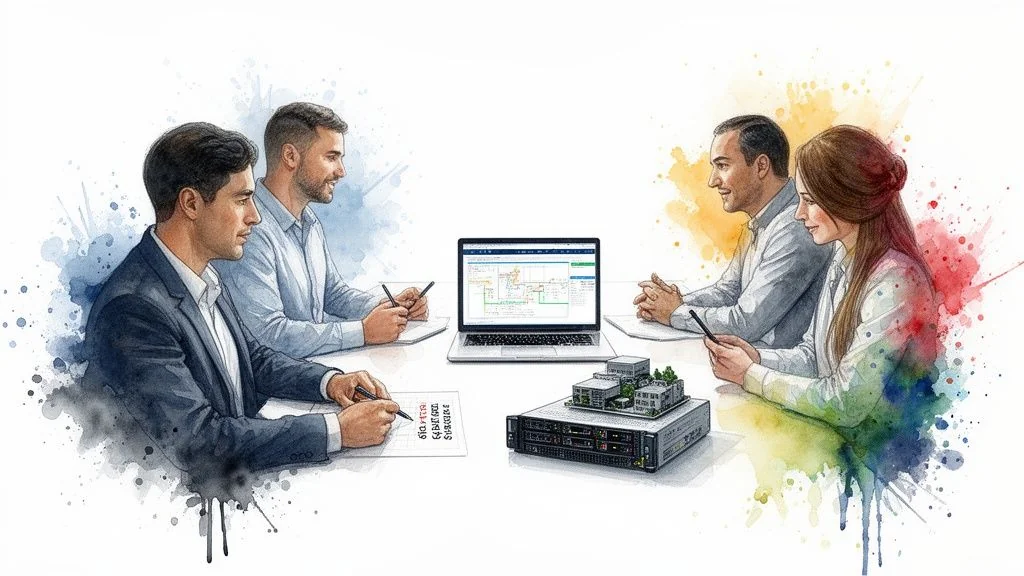 Four business professionals discuss a server system and software in a meeting.