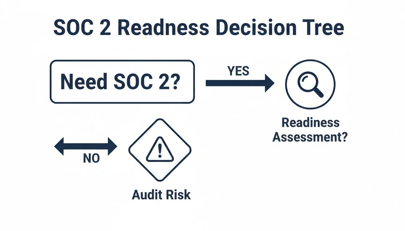 A decision tree flowchart illustrating the SOC 2 readiness process, from needing SOC 2 to assessment or audit risk.