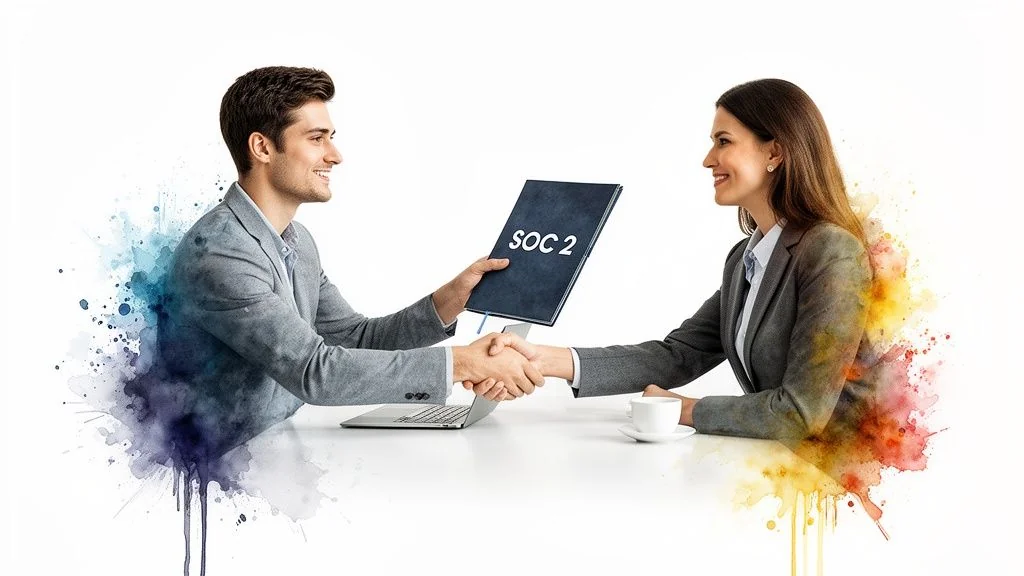Two business professionals shake hands across a table, one holding a document labeled SOC 2.