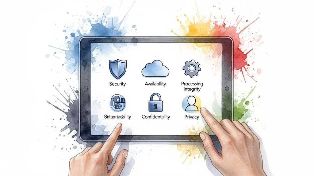 Hands interacting with a tablet displaying SOC 2 trust principles: Security, Availability, Processing Integrity, Confidentiality, Privacy.