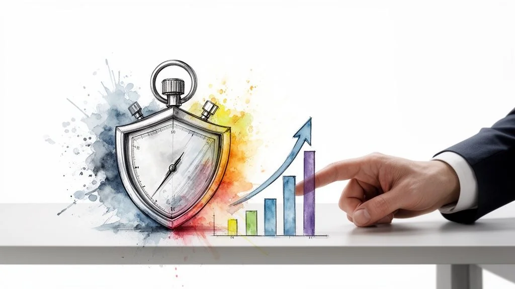 Watercolor stopwatch shield and a business hand pointing at a rising bar graph.