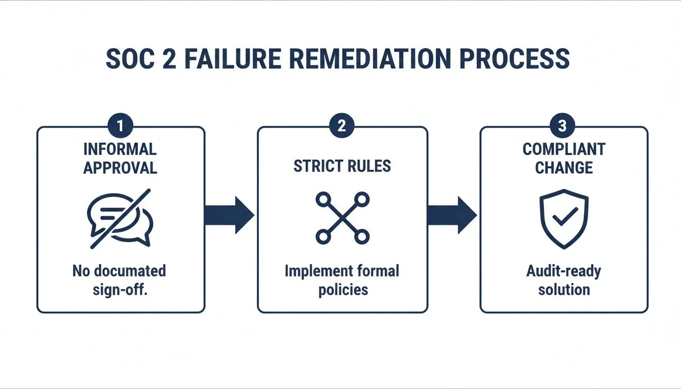 A three-step diagram illustrating the SOC 2 failure remediation process for compliance.