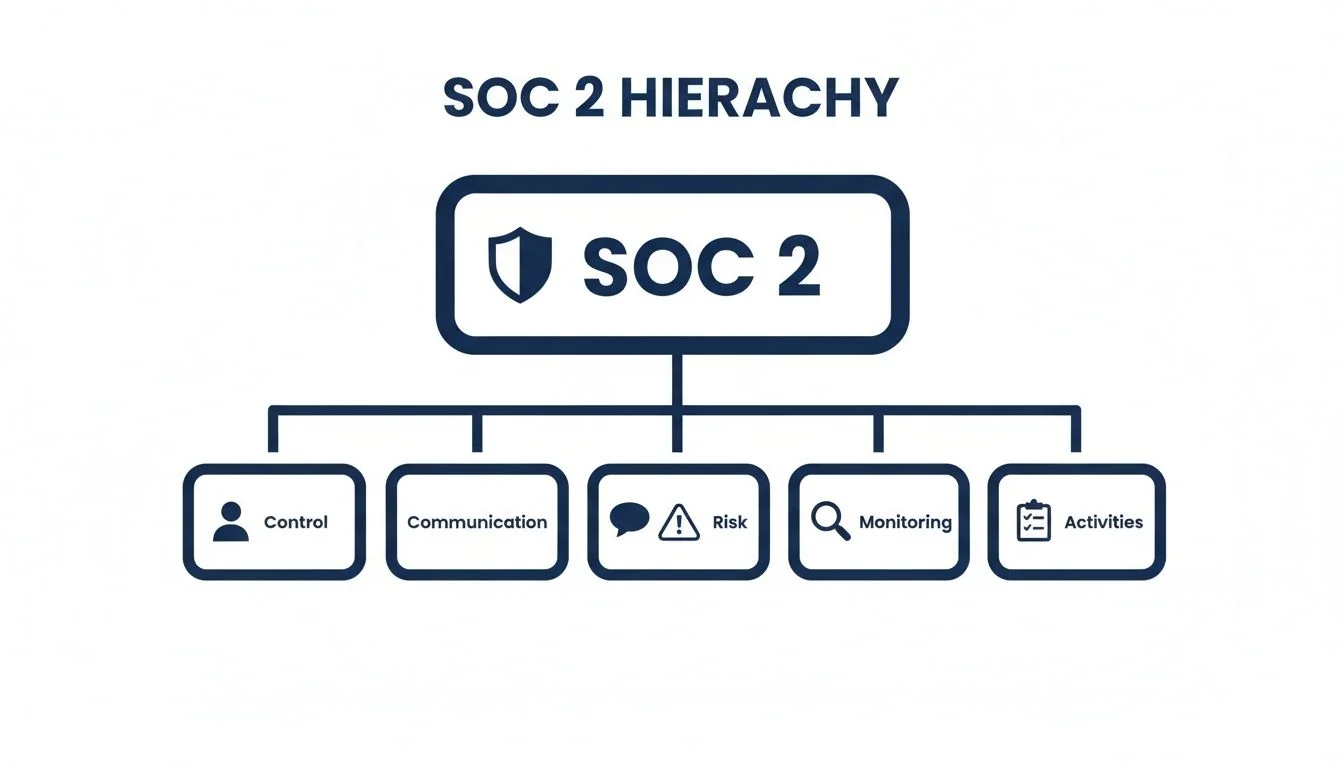 Diagram illustrating the SOC 2 hierarchy with its five core components: Control, Communication, Risk, Monitoring, and Activities.