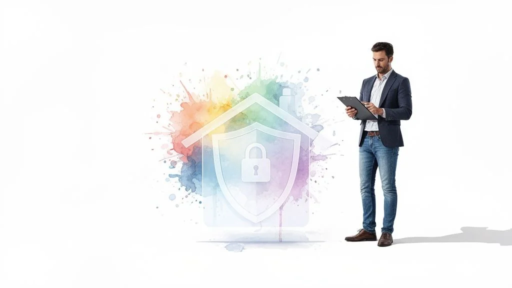 Professional man holding a clipboard stands beside a colorful icon of a secure house with a padlock.