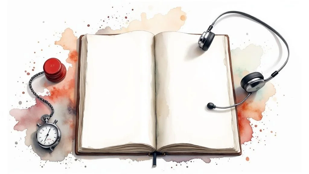 An open blank book, headphones with a microphone, and a stopwatch with watercolor background.