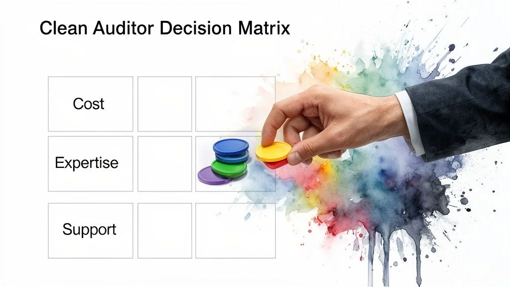 A hand places a yellow chip on a Clean Auditor Decision Matrix with Cost, Expertise, and Support categories.