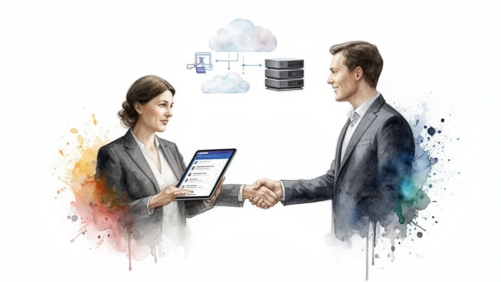 Businesswoman and businessman shaking hands, presenting cloud and server IT compliance solutions on a tablet.