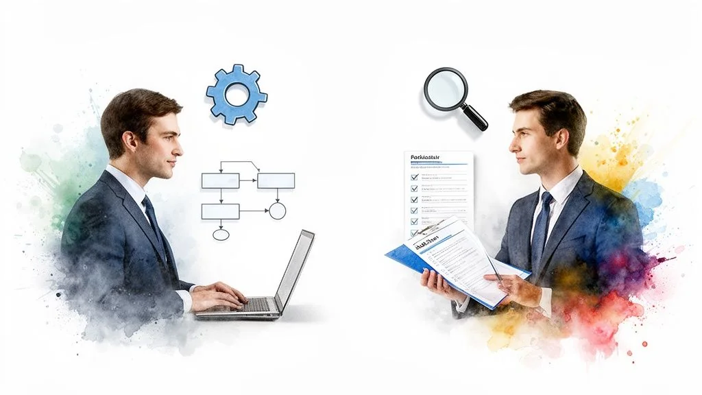 Two business consultants illustrating process development with a laptop and compliance audit with documents.