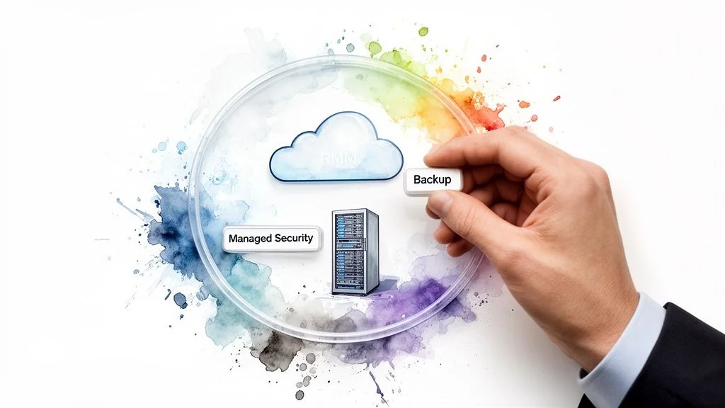 A hand places a 'Backup' label into an IT services diagram with cloud RMM and managed security.