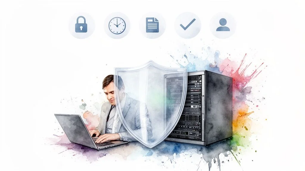Man on laptop, protected by a shield with server and compliance icons: lock, clock, document, check, user.