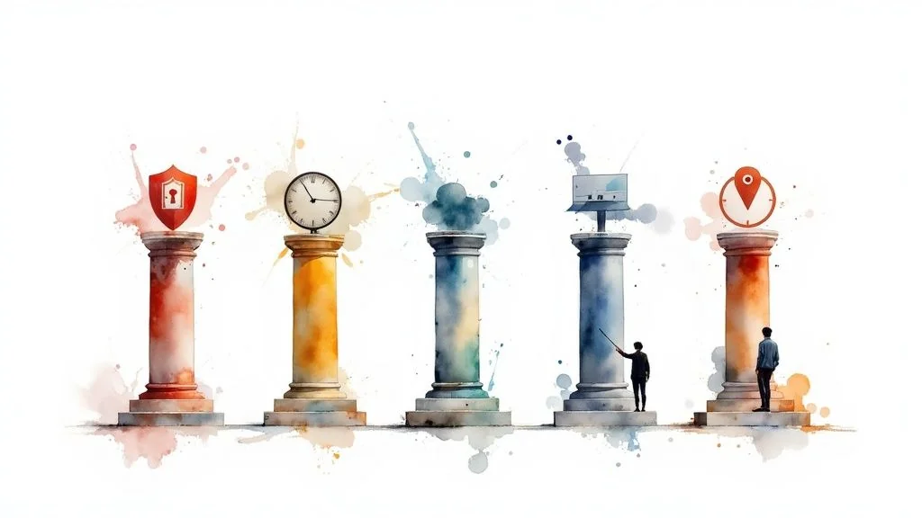 Watercolor pillars representing security, time, cloud, data, and location controls, with two small figures.