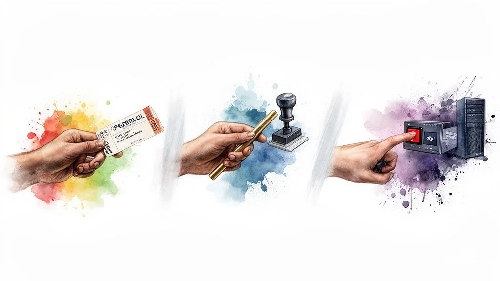 Three hands demonstrating a multi-step process: ticket handling, document stamping, and digital system activation.