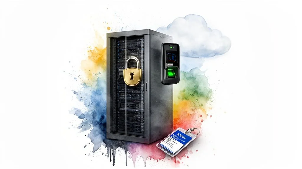 Server rack with padlock, biometric scanner, cloud, and ID badge, symbolizing data security and access control.