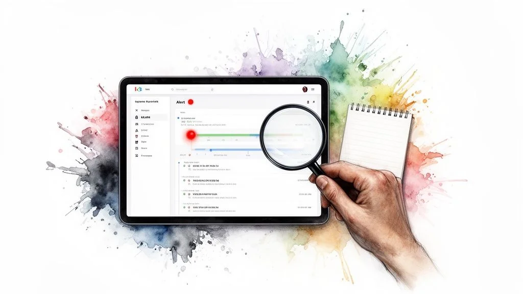 A hand uses a magnifying glass to examine an alert on a tablet's security dashboard.