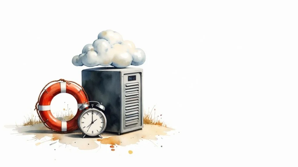 Watercolor illustration of a cloud server, life preserver, and alarm clock for data protection.