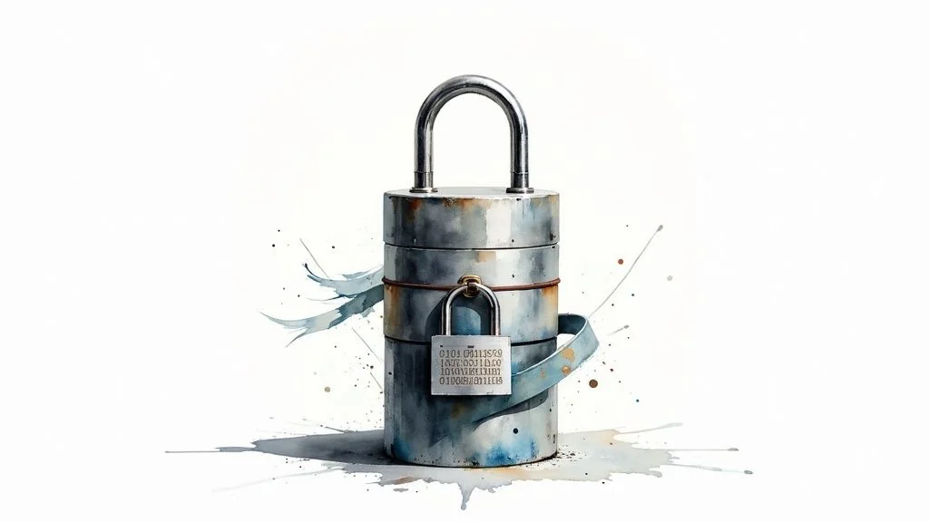 A watercolor illustration of a large padlock secured by a smaller padlock with binary code.