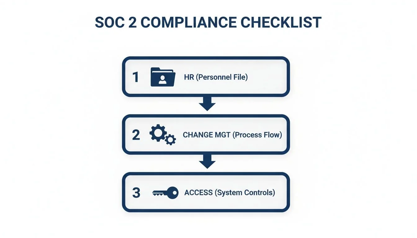 SOC 2 compliance checklist illustrating three key steps: HR, change management, and access controls.