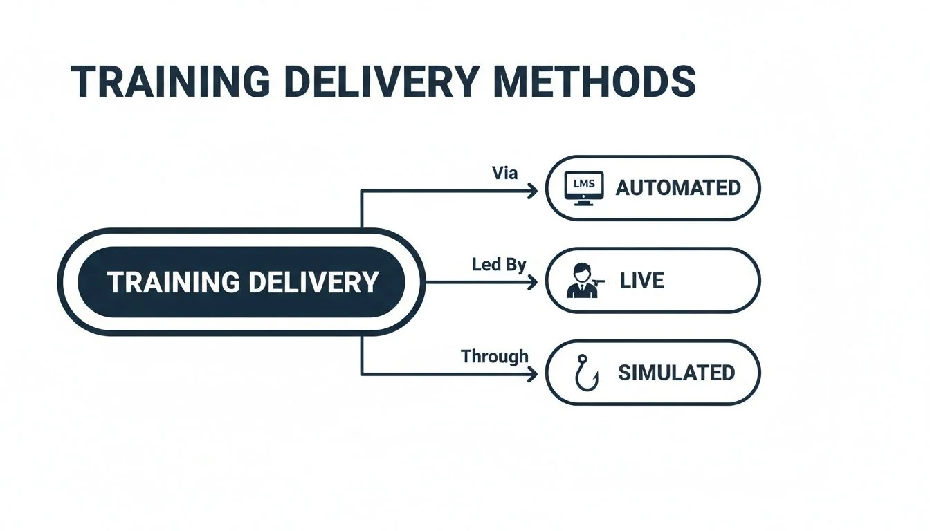 Flowchart illustrating training delivery methods: automated via LMS, live instruction, and simulated scenarios.