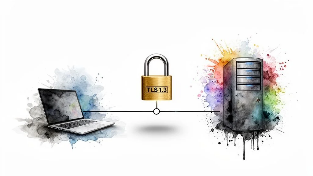 A laptop and server are connected by a line with a TLS 1.3 padlock, symbolizing secure communication.