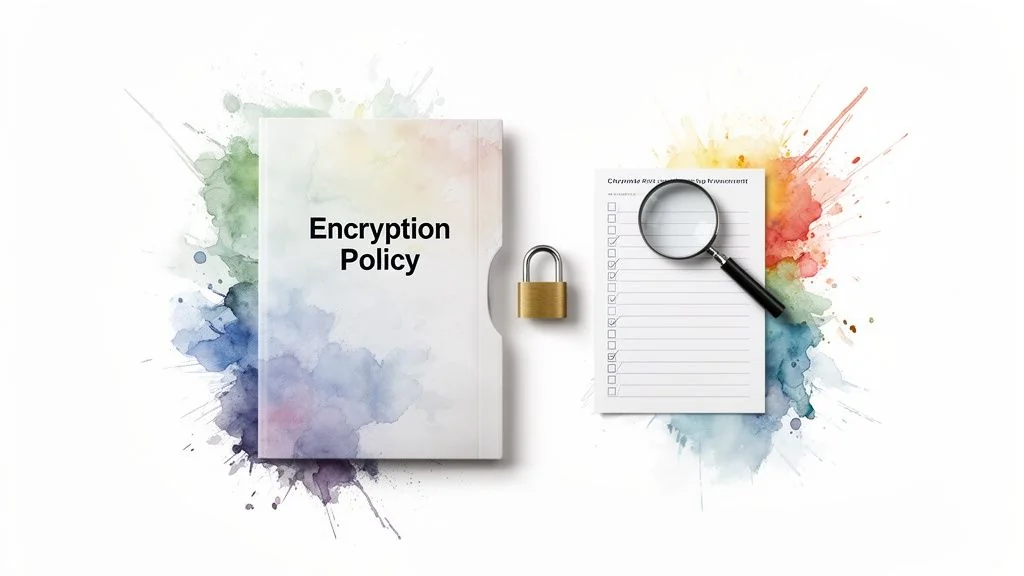 An 'Encryption Policy' binder with a padlock, checklist, and magnifying glass, symbolizing a security audit.