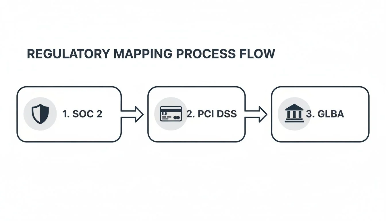 A diagram illustrating a regulatory mapping process flow, showing steps for SOC 2, PCI DSS, and GLBA compliance.