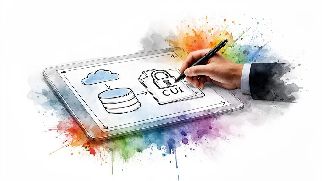 A hand sketches a data security diagram on a tablet, showing cloud, database, and CUI document with a padlock.