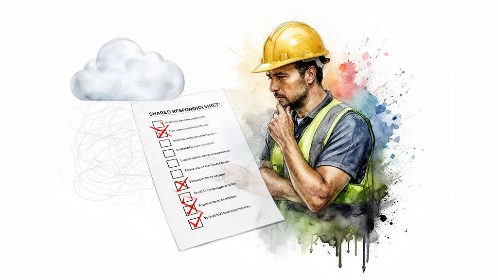 A thoughtful worker in a hard hat examines a 'shared responsibility' checklist with a cloud icon.