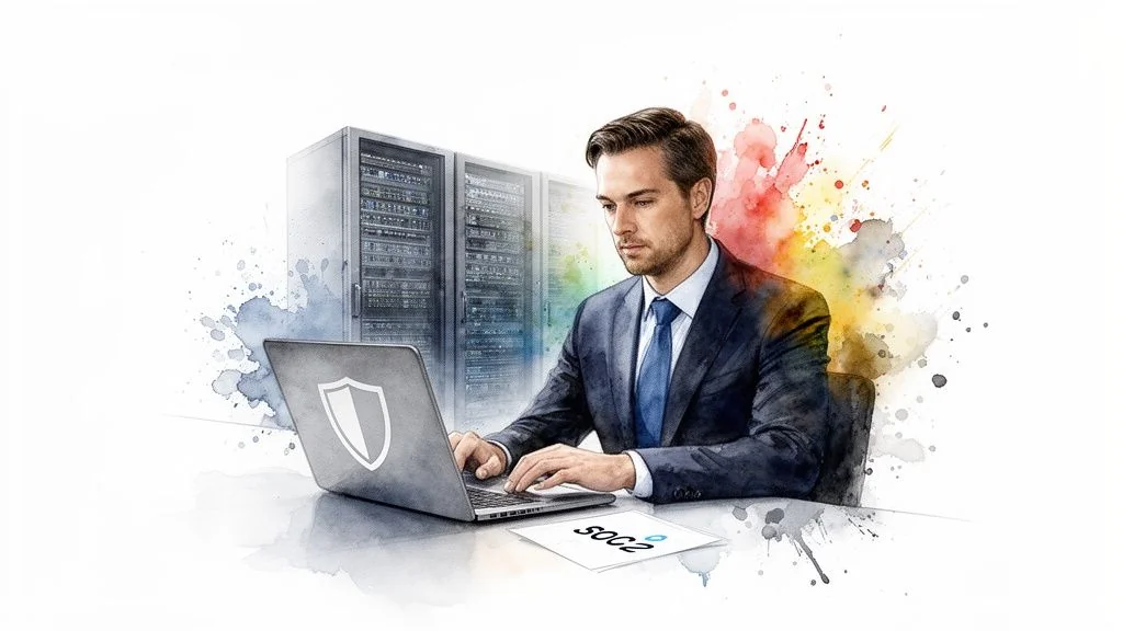 Professional man on laptop with shield logo, server racks, and a SOC2 document.