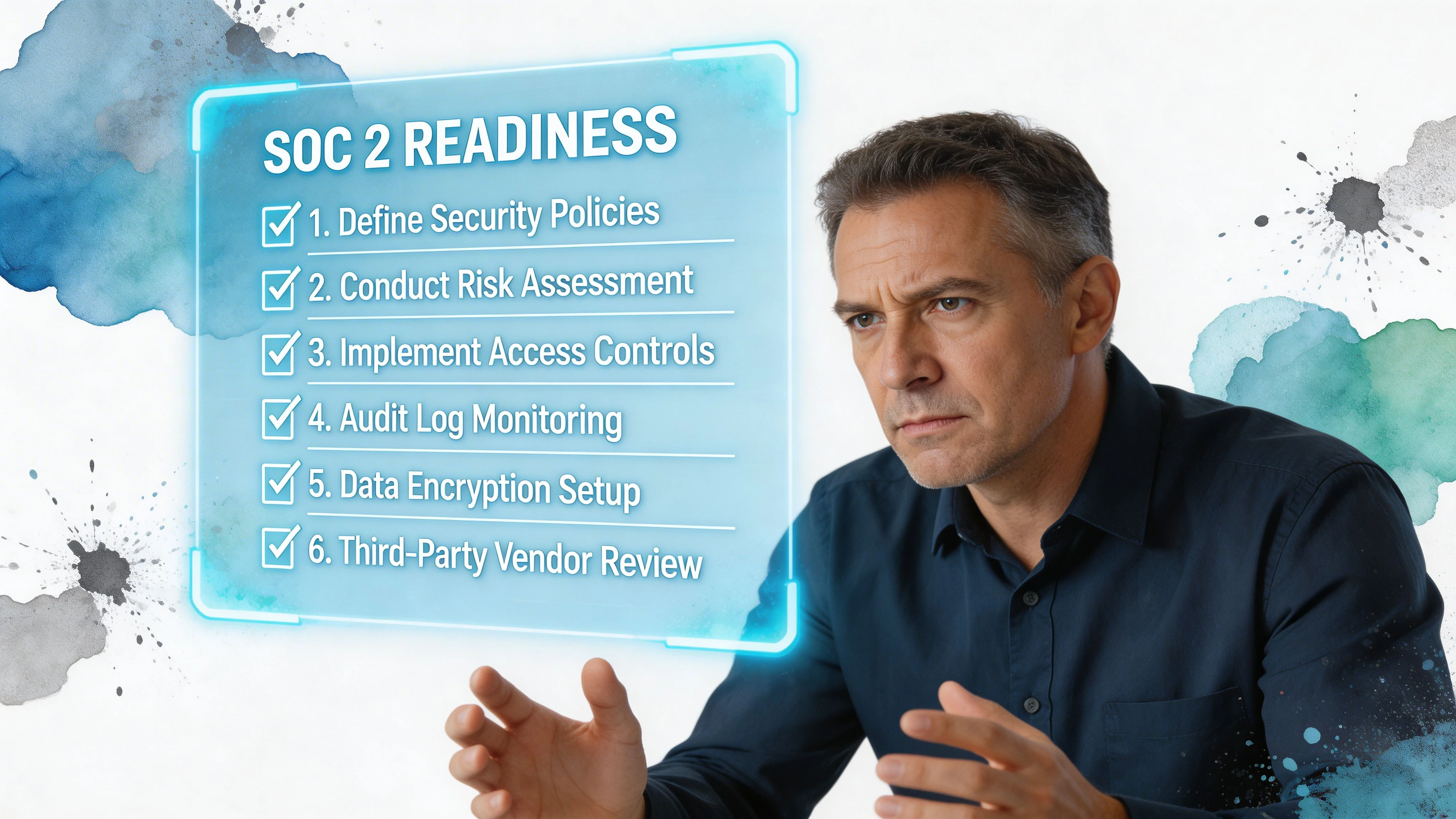 A professional man contemplating a digital interface displaying a six-step SOC 2 readiness checklist for data security.