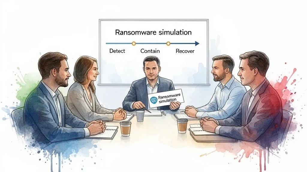 A team discusses a ransomware simulation plan, with whiteboard steps for detection, containment, and recovery.