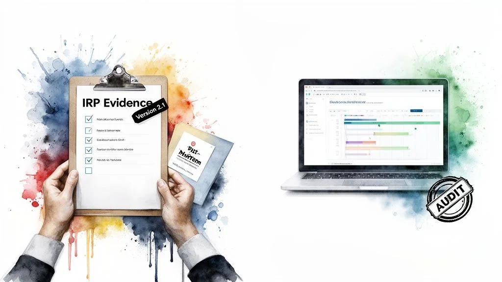 Hands holding IRP Evidence and Post-Mortem documents next to a laptop displaying an audit dashboard.