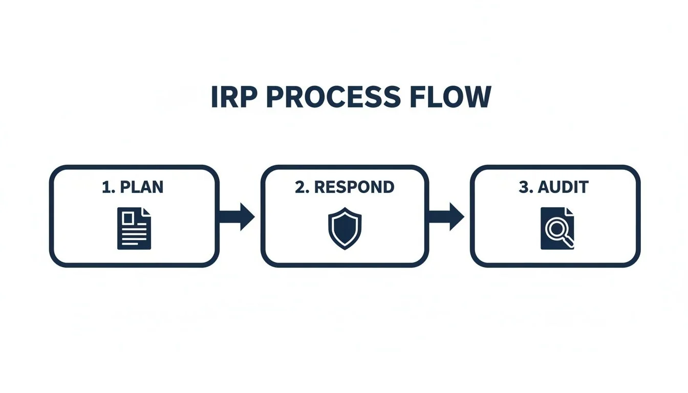 A three-step incident response plan (IRP) process flow showing Plan, Respond, and Audit.
