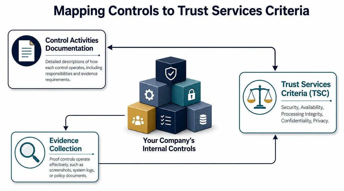 A diagram illustrating how internal controls are mapped to SOC 2 trust services criteria through documentation and evidence.