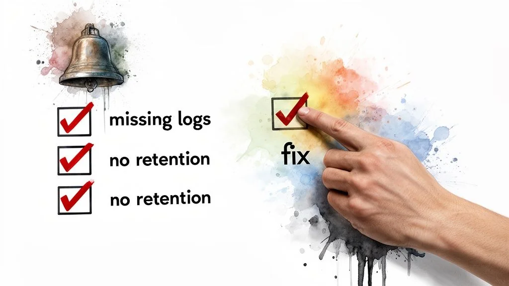 A checklist shows 'missing logs' and 'no retention' issues, with a hand pointing to 'fix'.