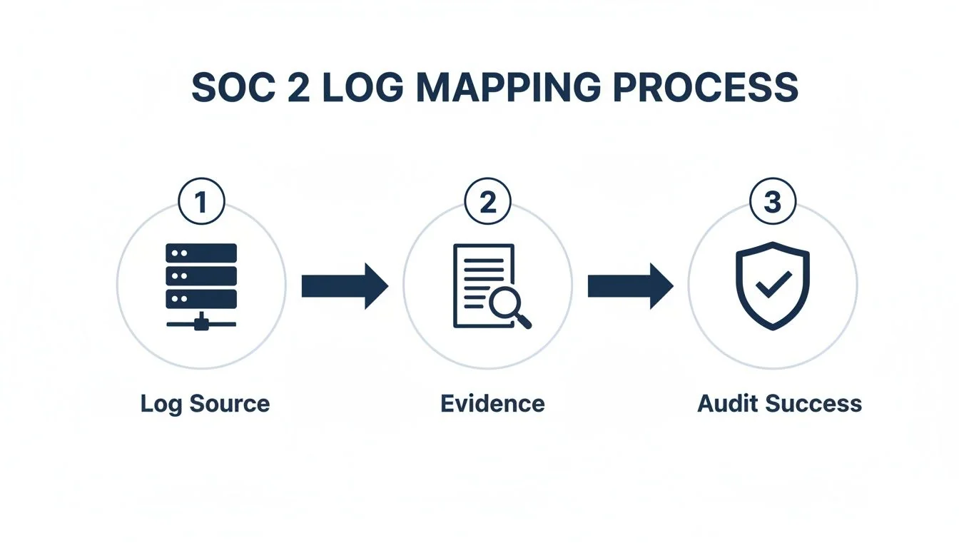 Diagram outlining the SOC 2 Log Mapping Process from log sources to successful audit completion.