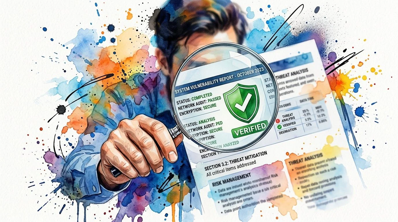 A person using a magnifying glass to inspect a digital system vulnerability report document.