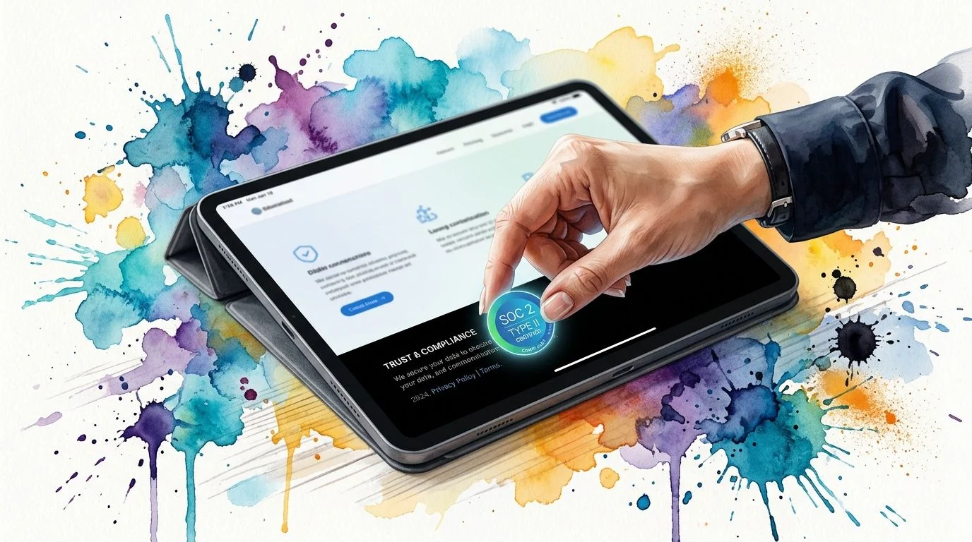 A hand placing a SOC 2 Type II certification badge on a tablet screen with watercolor splashes.