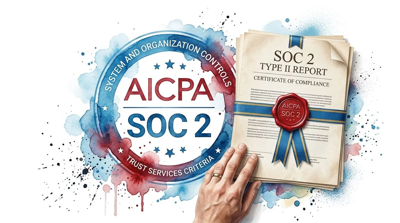 A hand holding a SOC 2 Type II compliance report next to an AICPA SOC 2 logo.