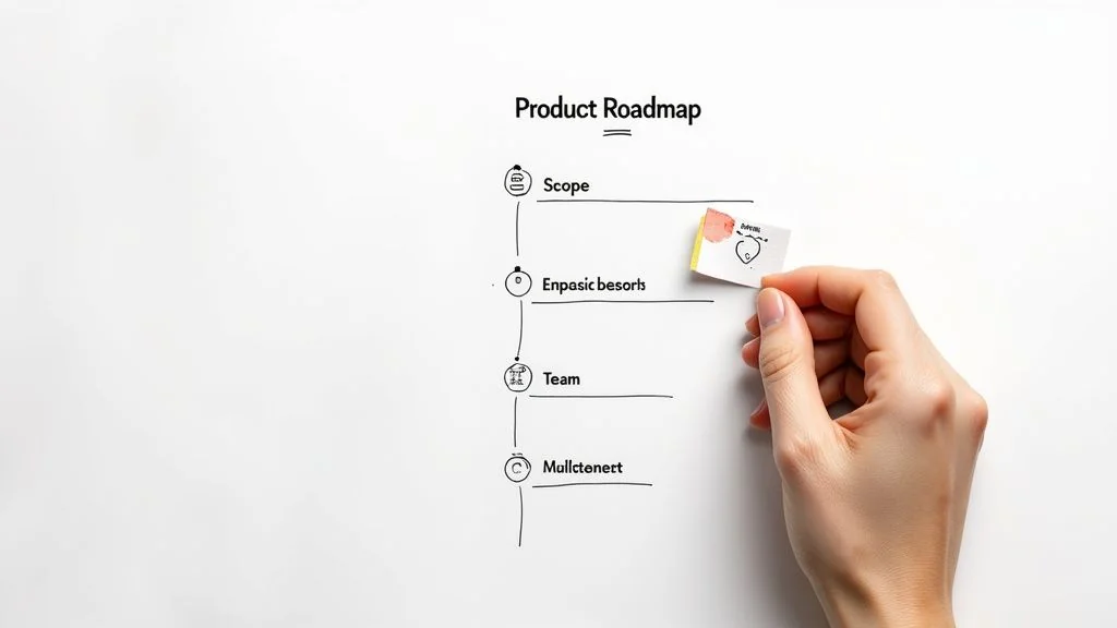 Close-up of a hand placing a sticky note onto a product roadmap listing key development phases.