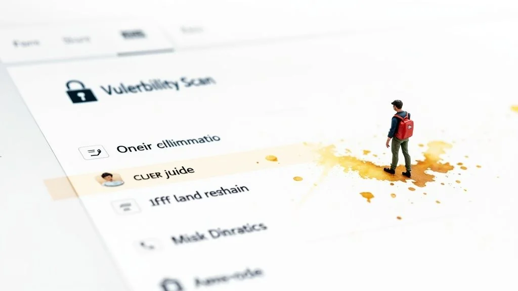 Miniature person with red backpack views a digital 'Vulnerability Scan' interface on a coffee-stained surface.