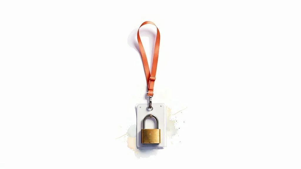 An orange lanyard holds a white ID badge holder with a golden padlock, symbolizing security.
