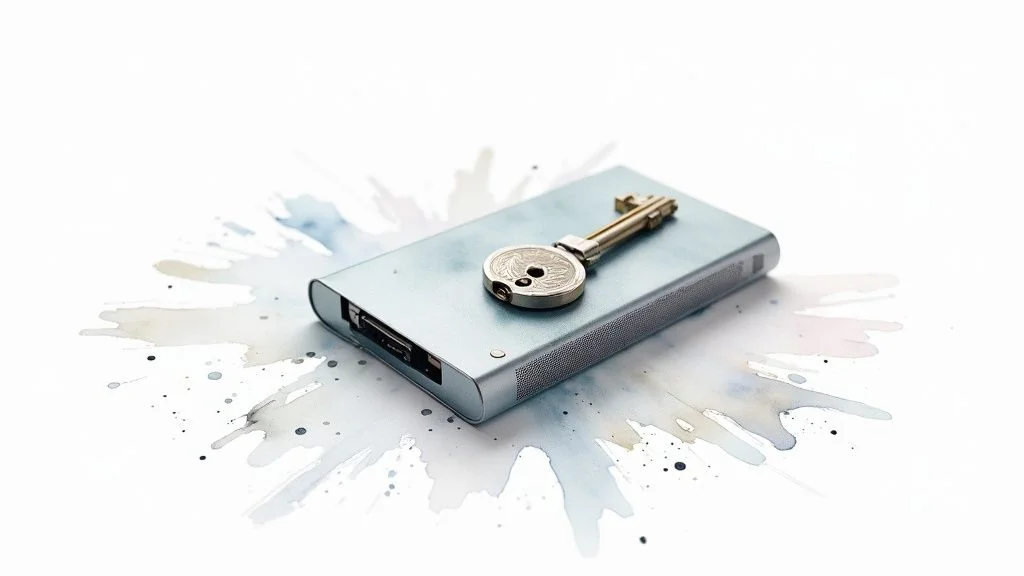 A silver external hard drive with a vintage key on top, symbolizing data security and access.
