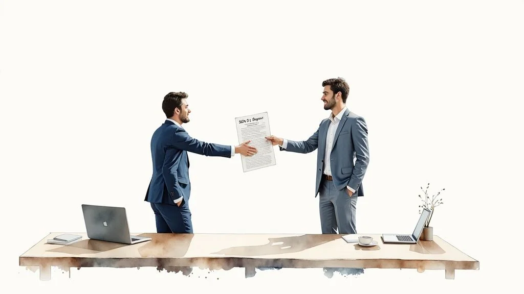 Two smiling businessmen in suits exchanging a 'SOC 2 Report' document across an office table.