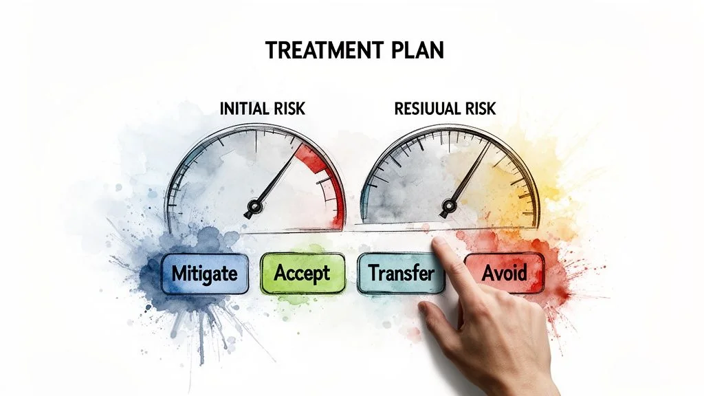 A graphic illustrating a treatment plan for risk management with initial and residual risk gauges.