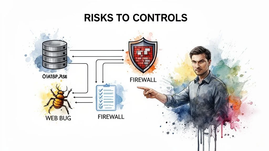 Diagram showing cybersecurity risks (database, web bug) mitigated by firewalls and security controls, with a man pointing.