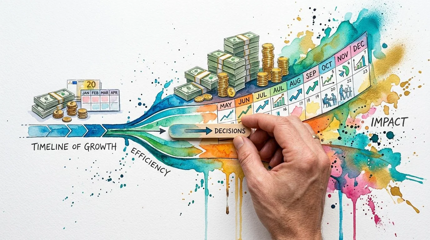A hand placing a wooden decision tag onto a watercolor illustration showing growth, financial planning, and timelines.