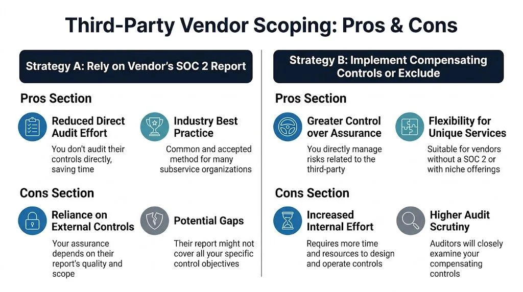 A comparison chart outlining the pros and cons of two third-party vendor scoping strategies for SOC 2 compliance.