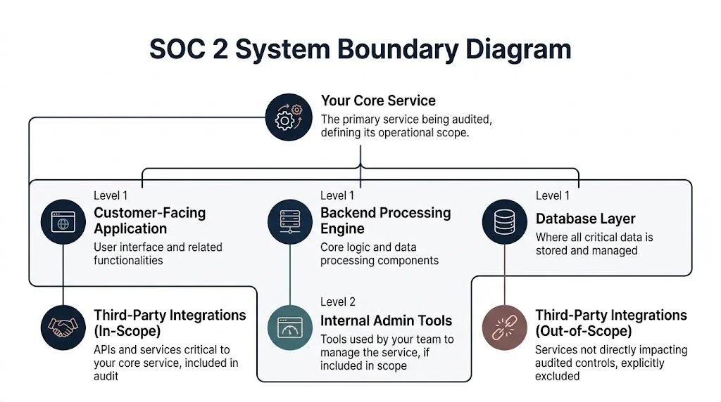 A diagram illustrating the SOC 2 system boundary, including core services, internal components, and third-party integrations.