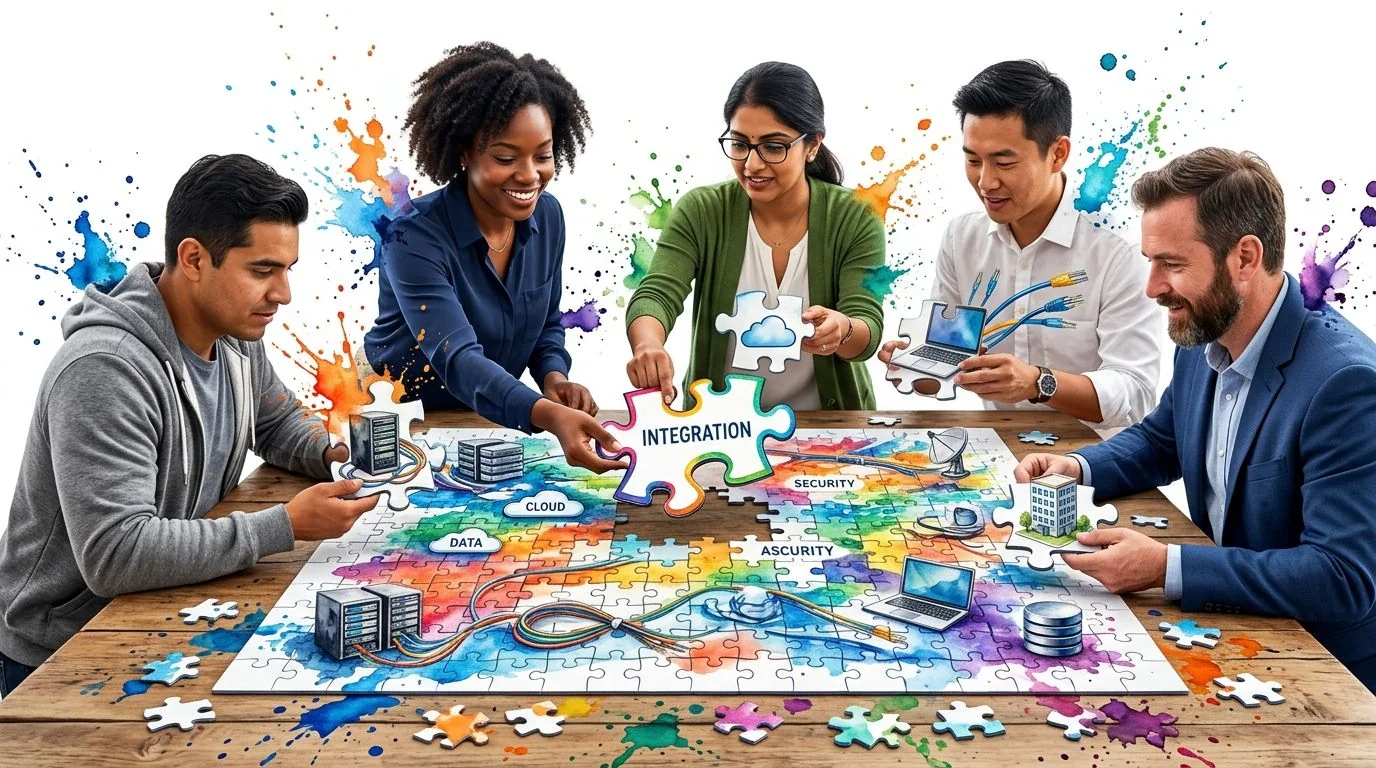 A diverse team of professionals collaboratively working together to assemble a colorful technology-themed puzzle on a table.